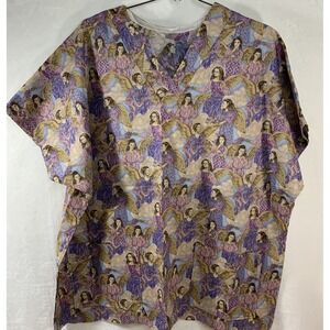 Angels Print SCRUB TOP Sz Lg MEDICAL DENTAL VET TECH Hospice Handmade OOAK‎ NWOT